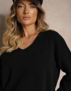 miss poem Pulover Negru cu Decolteu Triunghiular Vititana