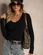 miss poem Pulover Negru cu Relief Decorativ și Decolteu Triunghiular Attenora