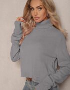 miss poem Pulover pe gât Gri închis Lejer de croială clasică cu nervuri la manșete și tiv Basum