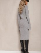 miss poem Rochie gri din tricot reiat mulată cu nasturi Mertina