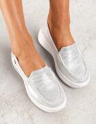  Mocasini argintii din piele întoarsă ecologică cu platformă decorate cu baretă Adrancia