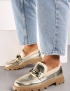  Mocasini Aurii cu Talpă Plată cu Blană Artificială și Cataramă Metalică Lerilisse