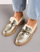  Mocasini Aurii cu Talpă Plată cu Blană Artificială și Cataramă Metalică Lerilisse