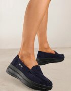  Mocasini Bleumarin din eco-piele întoarsă pe platformă decorați cu o baretă Adrancia