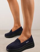  Mocasini Bleumarin din eco-piele întoarsă pe platformă decorați cu o baretă Adrancia