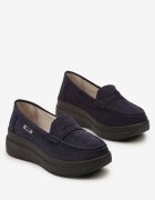  Mocasini Bleumarin din eco-piele întoarsă pe platformă decorați cu o baretă Adrancia