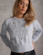 moni&co Pulover Albastru deschis Clasic cu Mânecă Lungă și cu flori brodate Hadriela
