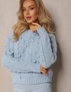 moni&co Pulover Albastru Împletit Gros cu Lână și Bumbac Bavime