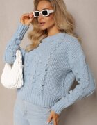 moni&co Pulover Albastru Împletit Gros cu Lână și Bumbac Bavime
