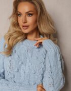 moni&co Pulover Albastru Împletit Gros cu Lână și Bumbac Bavime