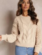 moni&co Pulover Bej din Lână și Bumbac cu Model împletit Kestina