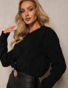 moni&co Pulover Negru cu Croi Clasic Decorat cu Flori 3D din Țesătură Loraxis