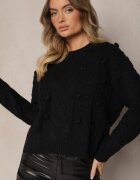 moni&co Pulover Negru cu Lână și Vâscoză Ornat cu Embosare și Mărgele Vaiannae