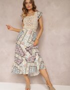 moni&co Rochie Albastru-Bej din Bumbac cu Inserție Croșetată și cu Model Paisley Rynlia