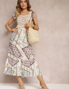 moni&co Rochie Albastru-Bej din Bumbac cu Inserție Croșetată și cu Model Paisley Rynlia
