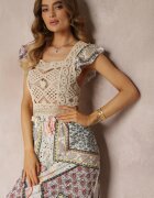 moni&co Rochie Albastru-Bej din Bumbac cu Inserție Croșetată și cu Model Paisley Rynlia