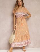 moni&co Rochie Maxi Evazată Portocaliu-Roz cu Elastic în Talie din Bumbac Besie
