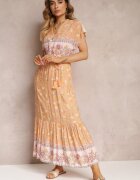 moni&co Rochie Maxi Evazată Portocaliu-Roz cu Elastic în Talie din Bumbac Besie