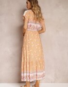 moni&co Rochie Maxi Evazată Portocaliu-Roz cu Elastic în Talie din Bumbac Besie