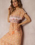 moni&co Rochie Maxi Evazată Portocaliu-Roz cu Elastic în Talie din Bumbac Besie