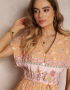 moni&co Rochie Maxi Evazată Portocaliu-Roz cu Elastic în Talie din Bumbac Besie