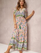 moni&co Rochie Maxi Roz-Albastru cu șnur în talie și inserție din dantelă la decolteu Mererid