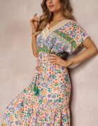 moni&co Rochie Maxi Roz-Albastru cu șnur în talie și inserție din dantelă la decolteu Mererid