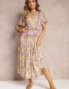 moni&co Rochie Midi Florală Galbenă cu elastic în talie și volan la mâneci Hachitane