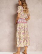 moni&co Rochie Midi Florală Galbenă cu elastic în talie și volan la mâneci Hachitane