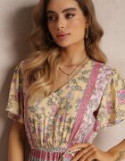 moni&co Rochie Midi Florală Galbenă cu elastic în talie și volan la mâneci Hachitane