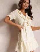 moni&co Rochie Mini Bej Perforată cu Elastic în Talie și Volane Rakki