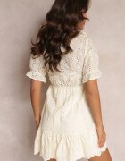 moni&co Rochie Mini Bej Perforată cu Elastic în Talie și Volane Rakki