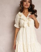 moni&co Rochie Mini Bej Perforată cu Elastic în Talie și Volane Rakki