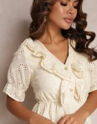 moni&co Rochie Mini Bej Perforată cu Elastic în Talie și Volane Rakki