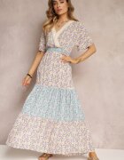 moni&co Rochie Petrecută Maxi Mov-Albastră cu Elastic Încrețit în Talie și Bandă Dantelată Marea