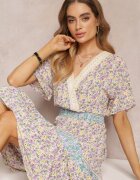 moni&co Rochie Petrecută Maxi Mov-Albastră cu Elastic Încrețit în Talie și Bandă Dantelată Marea