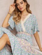 moni&co Rochie tip plic Maxi Albastru-Mentă cu bandă elastică încrețită în talie și bandă din dantelă Marea