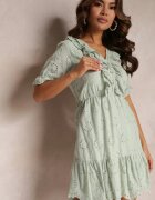 moni&co Rochie Verde Brodată Mini cu elastic în talie cu volane Rakki