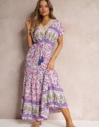 moni&co Rochie Violetă Maxi cu șnur în talie și inserție din dantelă la decolteu Mererid