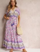 moni&co Rochie Violetă Maxi cu șnur în talie și inserție din dantelă la decolteu Mererid