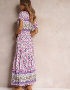 moni&co Rochie Violetă Maxi cu șnur în talie și inserție din dantelă la decolteu Mererid
