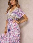 moni&co Rochie Violetă Maxi cu șnur în talie și inserție din dantelă la decolteu Mererid
