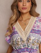 moni&co Rochie Violetă Maxi cu șnur în talie și inserție din dantelă la decolteu Mererid