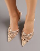 mulanka Pantofi cu toc bej Slingback Decorați cu perle și paiete Irifera