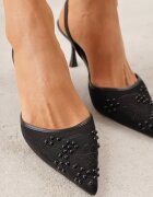 mulanka Sandale Negre cu toc stiletto decorate cu model brodat și mărgele Sametis