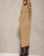 n.every day Rochie Bej închisă Rebrată din Modal și Viscoză Decorată cu Nasturi și Crapatură pe Picior emilina