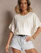 new collection Bluză Albă din Viscoză cu croială liliac decorată cu volane Ranova