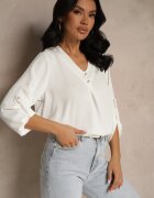 new collection Bluză Albă Trapez cu Decolteu în V și Mâneci Rulate