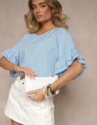 new collection Bluză Albastră deschisă din Viscoză cu croi liliac Decorată cu Volane Ranova