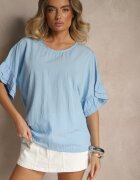 new collection Bluză Albastră deschisă din Viscoză cu croi liliac Decorată cu Volane Ranova